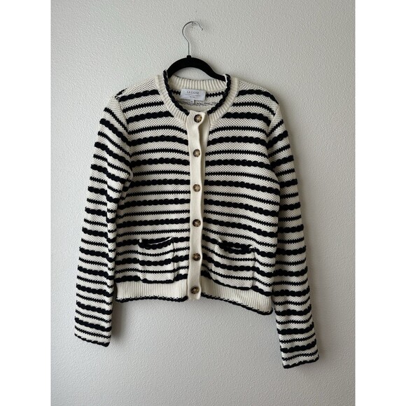 La Linge Women’s M Braid Stripe Cardigan Navy White Classic Nautical Designer - Picture 2 of 9